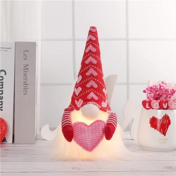 2 Pcs Valentine Gnomes with Lights, Handmade Swedish Tomtes Elf Valentine's Day - Picture 2 of 7